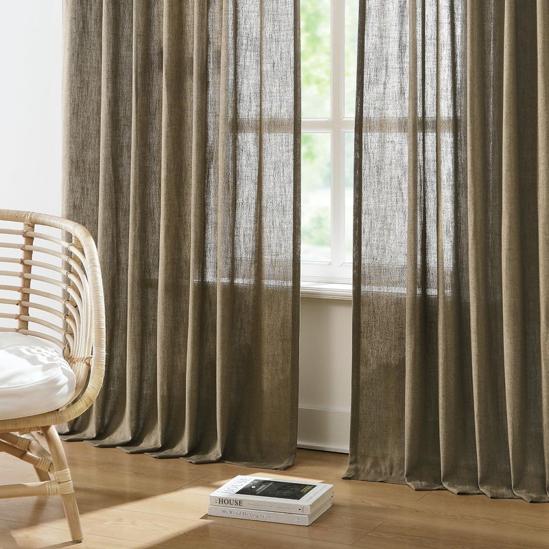 Vision Home Brown Pinch Pleated Semi Sheer Curtains Textured Linen Blended Light Filtering Window Curtains 108 inch for Living Room Bedroom Pinch Pleat Drapes with Hooks 2 Panels 9ft 40"" Wx108 L - Image 2